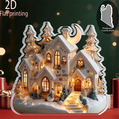 2D Flat Snowy Winter Scene Acrylic Christmas House Model Desktop Decoration, Suitable for Wall Decoration, Porch, Room, Villa, Accents Home, Hallway,