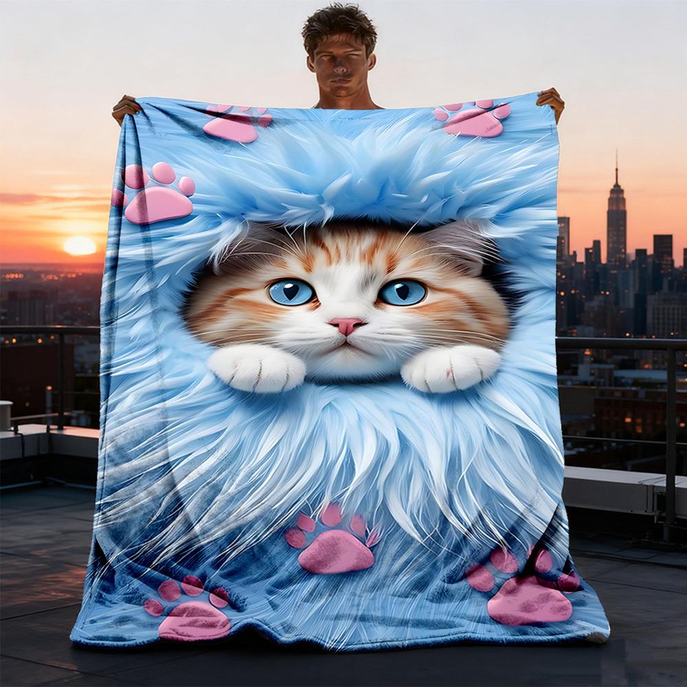 1pc Cat Paws Blue Fur Outdoor Flannel Blanket , Machine Washable Perfect Gift for Birthday , Holiday Travel Accessory , Durable Material