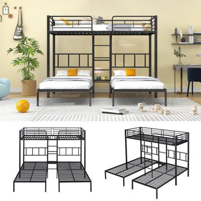 Iron Bed Triple Bed Bunk with Ladder for Children and Teenagers Fall Protection Rail Table Black 90x200cm X 3 Three Beds