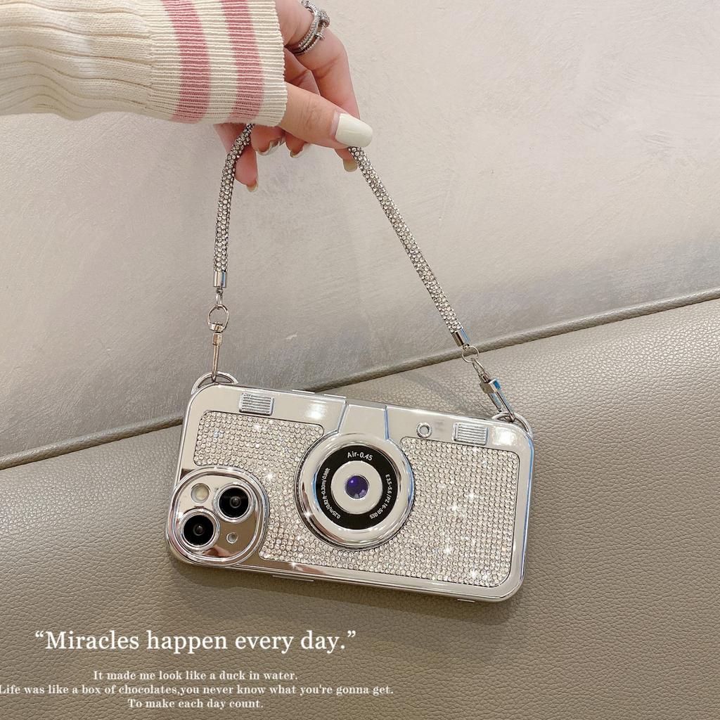 Pro iPhone 14 Plus Velkoobchod s díly pro mobilní telefony Pouzdro s kamínky Kryt z TPU ve tvaru fotoaparátu s řetízkem pro nošení
