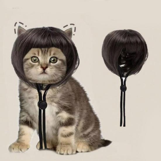 Bob Saç Kesimi Evcil Hayvan Peruğu Komik Tam Kaküllü Köpek Peruğu Kesilebilir Kısa Kedi Peruğu Ayarlanabilir Kayışlı Partiler ve Cosplay İçin Kostüm Aksesuarı