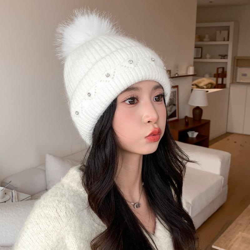 Korean versatile rabbit hair bright diamond knitted wool hat autumn and winter windproof ear protection hat casual big head circumference bag head hat