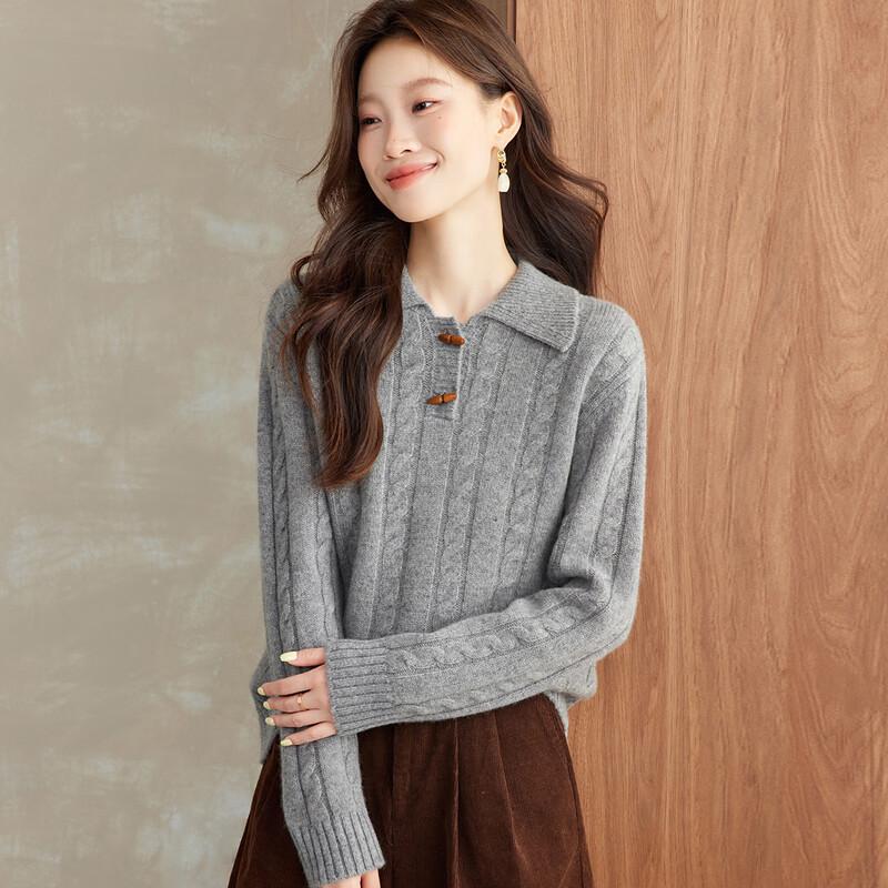 

Srcr Women s Cable Knit 100% Wool Turn-down Collar Sweater M