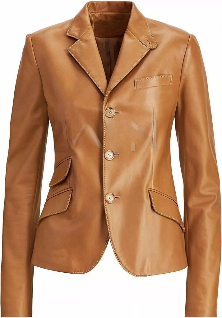 Party Wear Designer Elegant Tan Women Genuine Lambskin Leather Blazer Handmade Formal