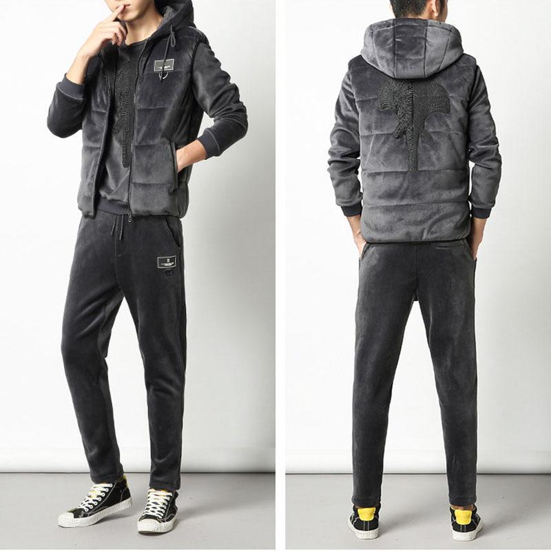 Winter Gold Velvet Men's Sweater Suit Korean Fashion Casual Sports Suit Plus Velvet Thick Three-piece Suit