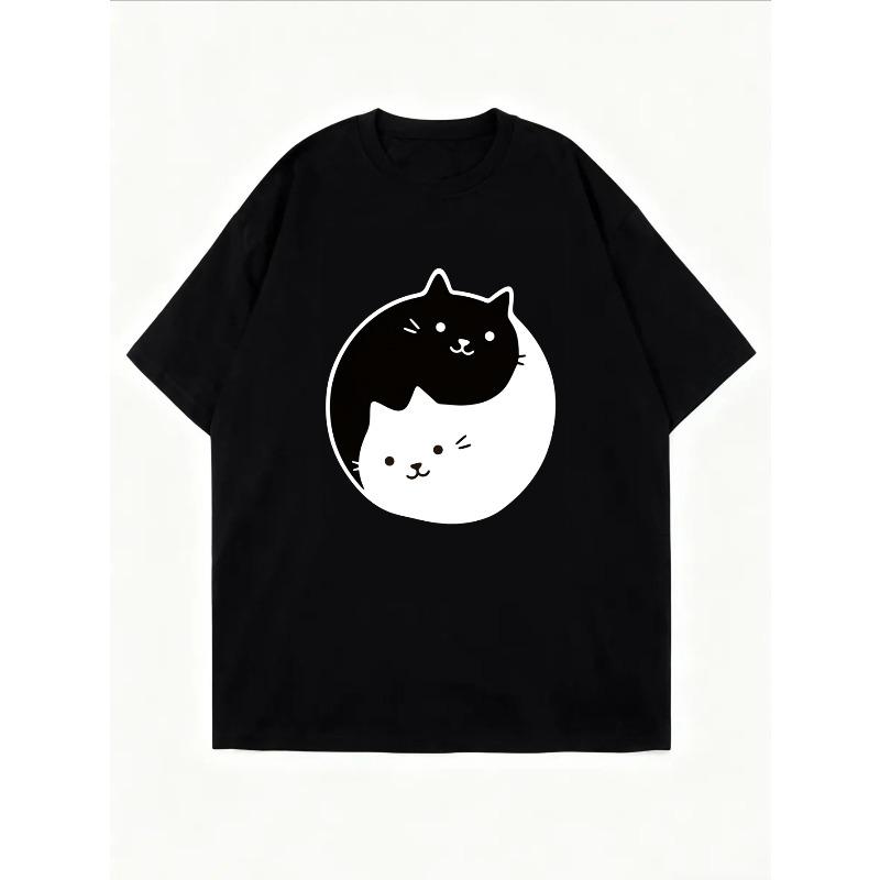 Cute Cat Yin Yang Design White T-Shirt For Women Casual Wear Summer Outfit Street Style Fashion Top With Graphic Print