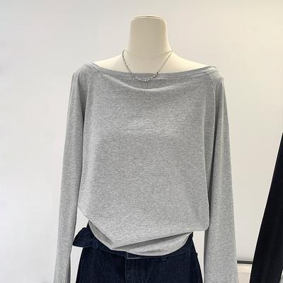 T-shirt a Spalla Unica in Puro Cotone a Maniche Lunghe con Spalla Diagonale da Donna Primavera Nuova Ampia con Spalle Scoperte Maglietta Basic