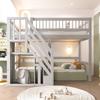 Letto in Legno Massello 90*200, Scaletta con Armadietto, Letto per Bambini, Letto per Ragazzi, Letto Singolo, Struttura in Legno Massello, Versione Alta, Grigio