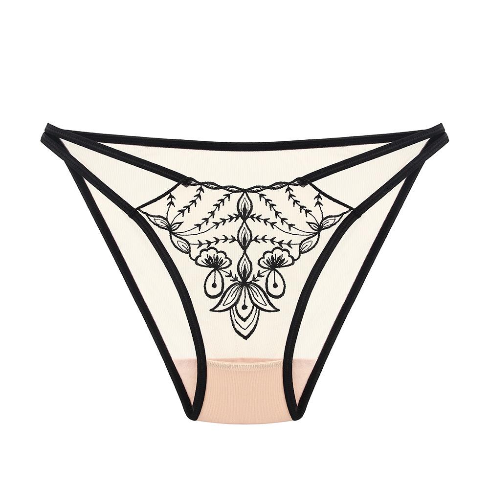 Original Light Luxury Temperament Women's Briefs High-value Tulle Embroidered Hollow Waist Cotton Crotch Hip-wrapped Sexy Underwear