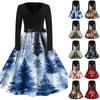 Women's Vintage V-Neck Long Sleeve Christmas Print Casual Dress