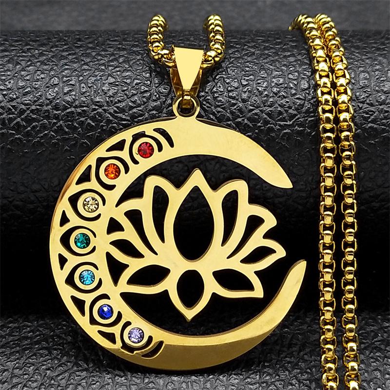 Flower Lotus Moon Pendant Necklace for Women Men Stainless Steel Silver Color 7 Chakra Healing Balance Chain Jewelry N9725S02