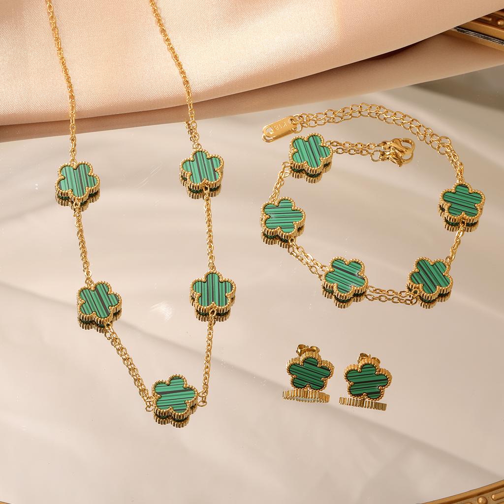 LUXUKISSKIDS Fashion Flower Necklace Earrings Set Jewelry Women Stainless Steel White Shell Clover Bracelet Jewelry Accessories