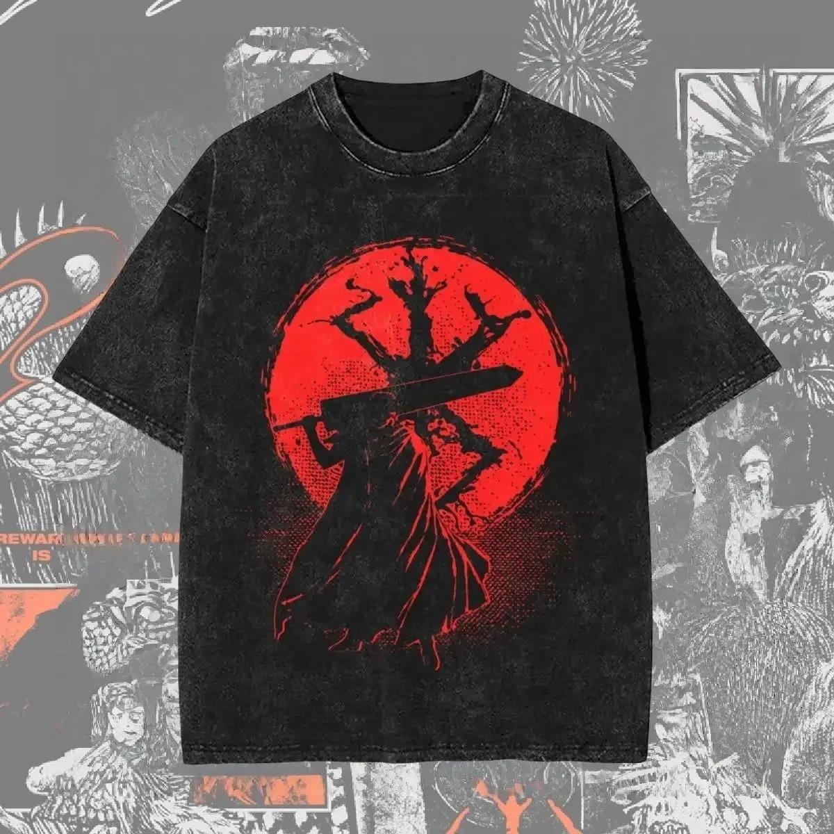 Berserk Skull Knight Shadow of the World Vintage Washed Oversized Black TShirt  Dark Fantasy Manga Fan Unisex Streetwear Tee S