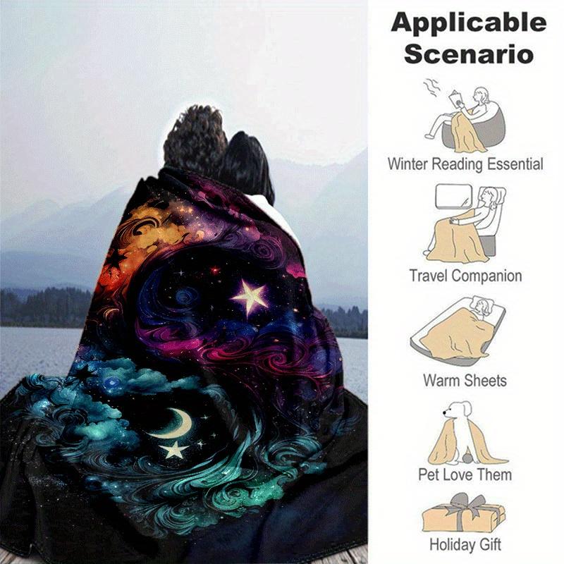1pc Moon and Stars Printing Lightweight Flannel Blanket, Comfortable and Warm Blanket, for Camping Sofa Bed and Couch Office, Suitable for Gi