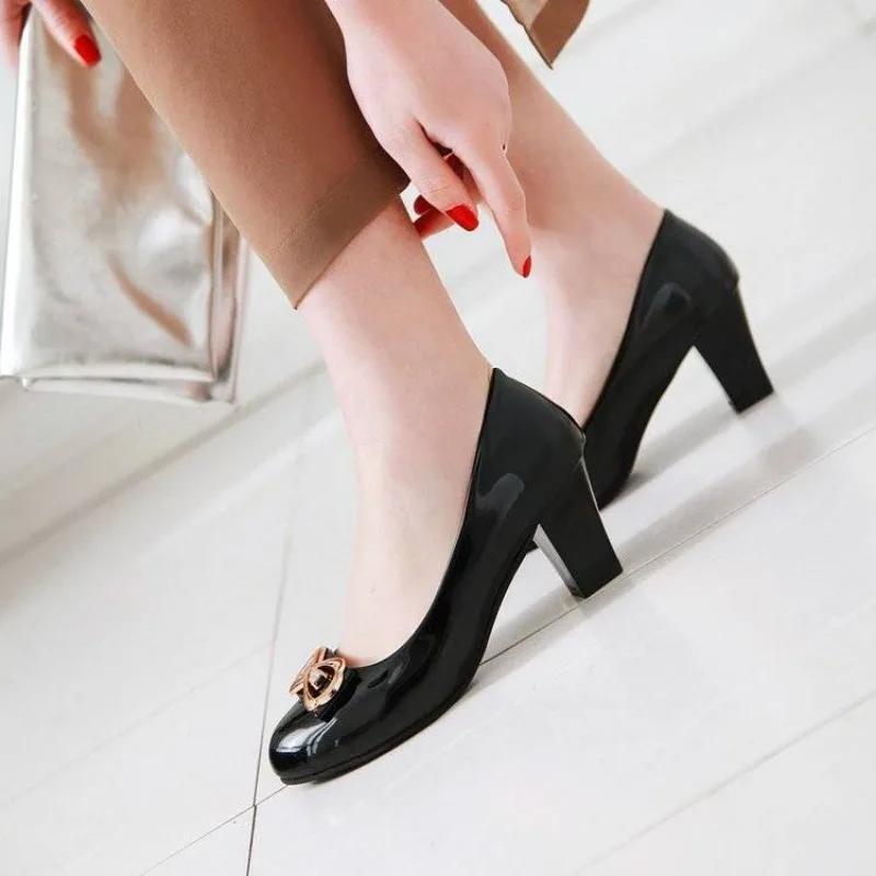 With Medium Heels Round Toe Chunky Bow Woman Pumps Square Shoes for Women Block Heel On Sale Genuine Mark Casual Slip Beau Today