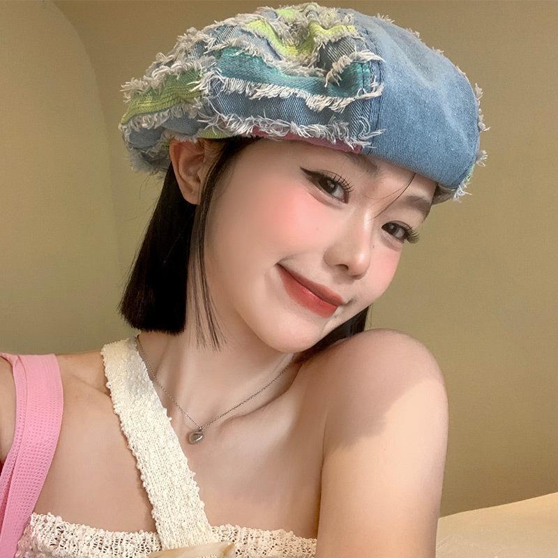 

Washed denim beret autumn hat women s sweet patch octagonal hat versatile face little painter hat One Size