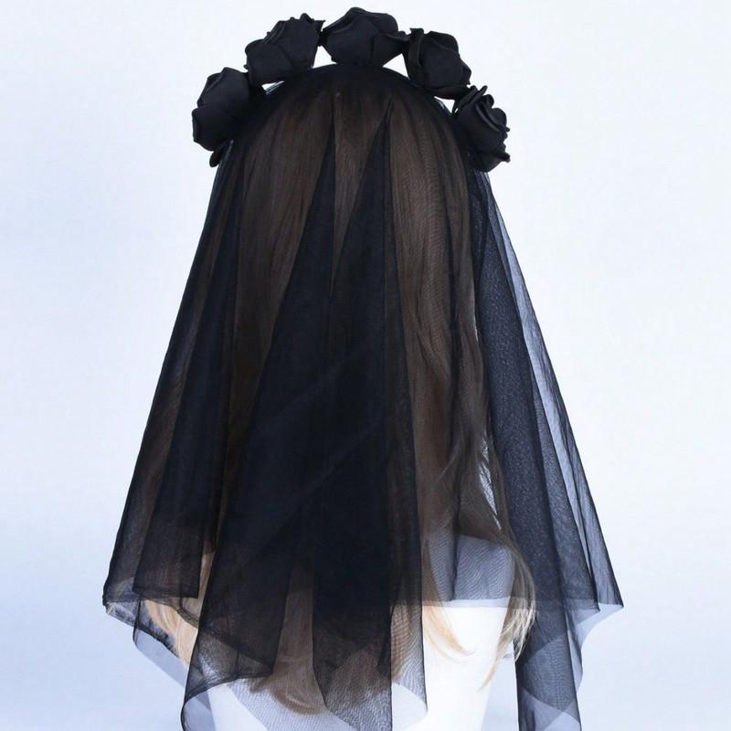 Halloween Headbuttons Day of The Dead Hair Bands Headdress Ghost Bridal Party Dark Lace Veil