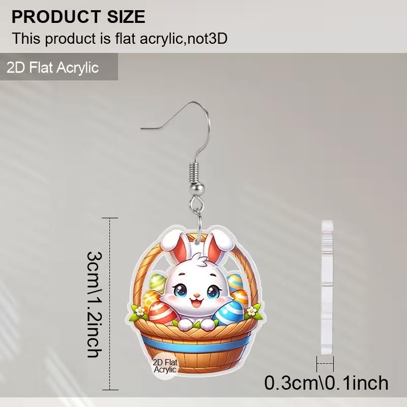 New White Rabbit Earrings 2D Acrylic Creative Rabbit Sitting in Basket with Colored Easter Egg Earrings