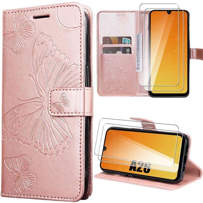 Coque de protection - BOOLING - Samsung Galaxy A26 5G - Synthécuir Rose - Motif Papillon - 2 Verres Trempés