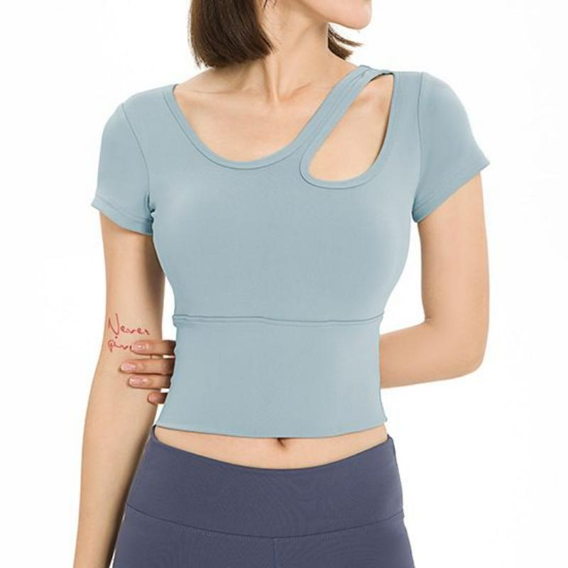 Diagonal Shoulder Hollow Out Women Solid Sports Tees Yoga Short Sleeve T-Shirt Chest Pad Exercise Outdoor Tight Quick Drying Top