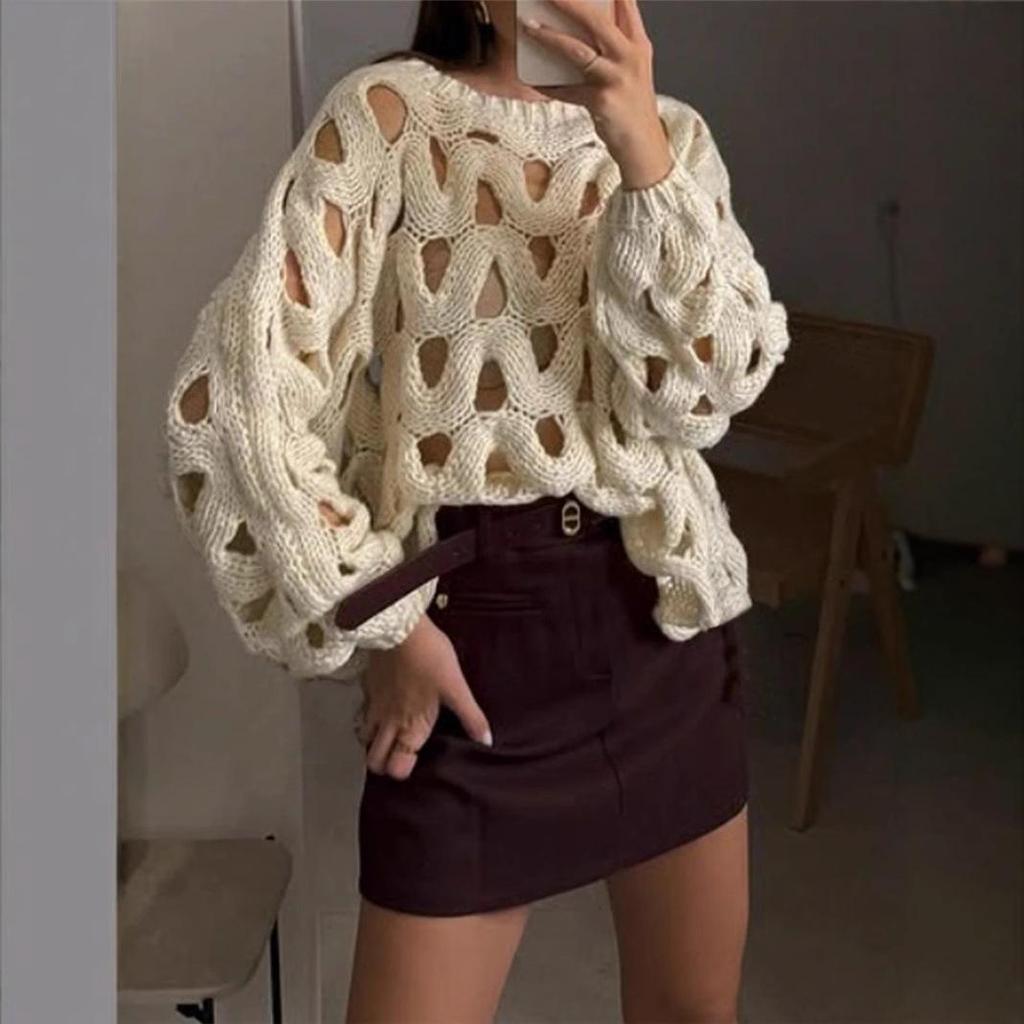 Women's Casual Solid Color Beach Crochet Long Sleeve Sweater Pullover