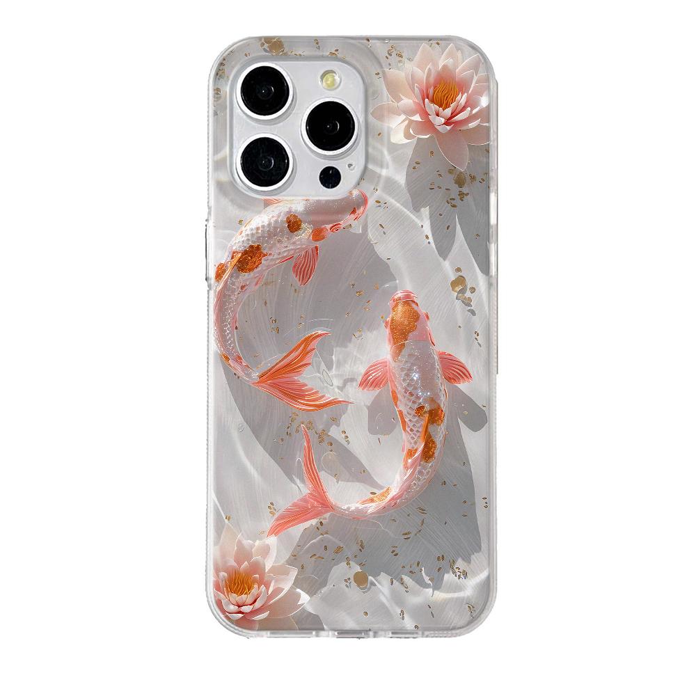 Feather Yarn Colorful Golden Lotus Koi Phone Case For iPhone 11 12 13 14 15 16 Pro Max XS XR X 7 8 Plus 16E SE 2020 2022 Cover