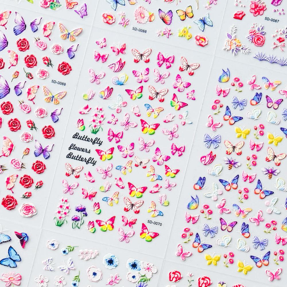 Color Relief Butterfly Nail Art Sticker 5D Three-Dimensional Butterfly Flower Adhesive Nail Decorative Relief Sticker