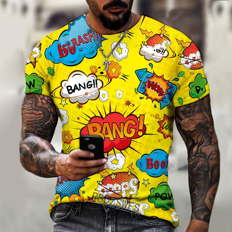 Summer Round Neck 3D Graffiti Explosive Element Print Top Fashionable Casual Short Sleeved Men's T-shirts