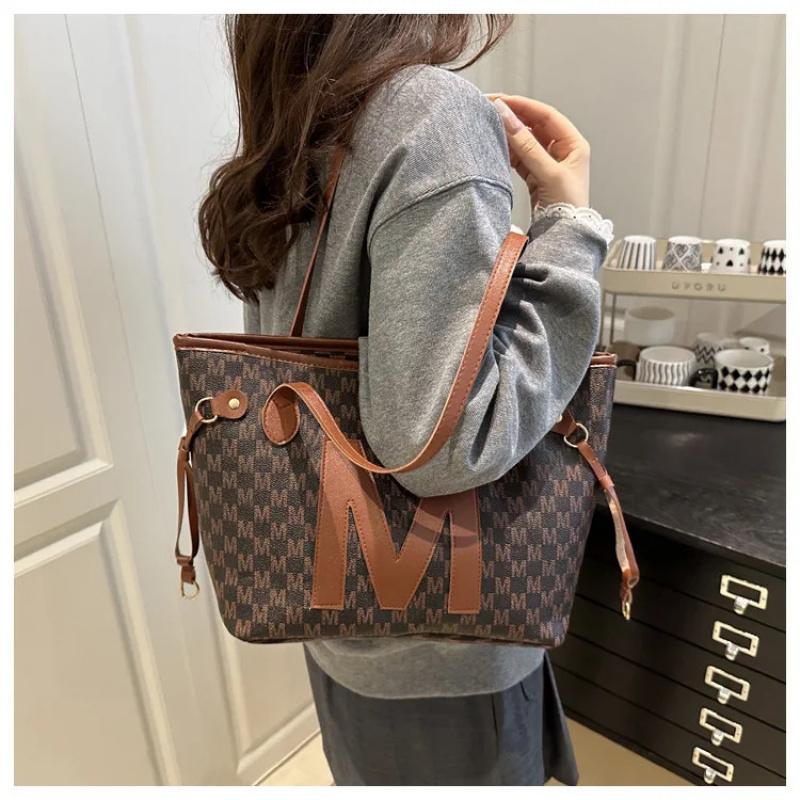 Monogrammed Tote Bag & Mini Bag Set Stylish Purses with Logo Accents Large Capacity Handbags Shoulder Bag for Women's Daily Use