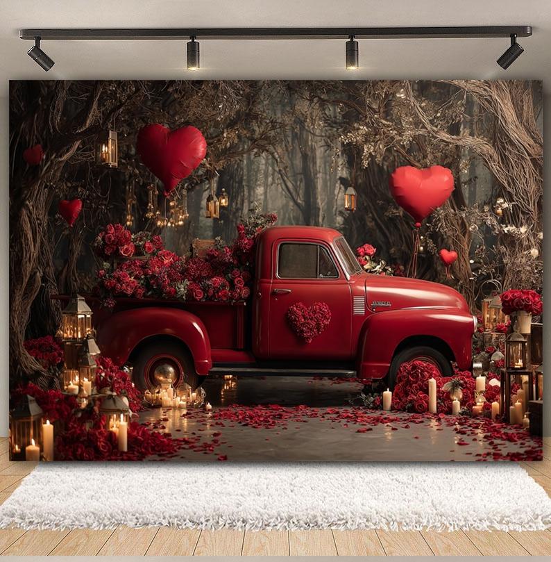 Valentine's Day Backgrounds For Photographs Red Car Love Heart Balloons Rose Flower Candle Romantic Wedding Decor Photo Backdrop