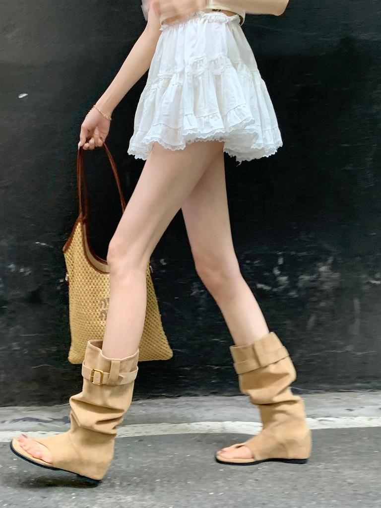 Spot Second Hair! Grape Mother Same Shoes Fashionable Spice Girls Wind Open Toes Thin Pile Medium Boots Toe Cold Boots Women