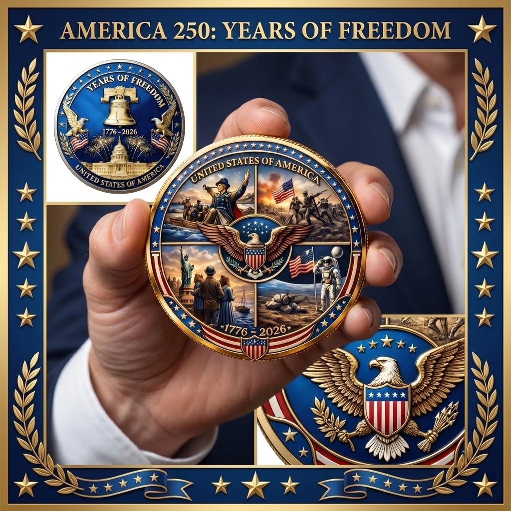 Moneda Conmemorativa Estados Unidos 250 Aniversario Coleccionable Redonda de Metal con Diseño Histórico y Grabado Detallado Edición Limitada