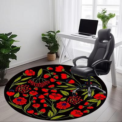 1pc Red Flowers Design Carpet, Round Non Slip Durable Large Size Office Carpet, Suitable for Office