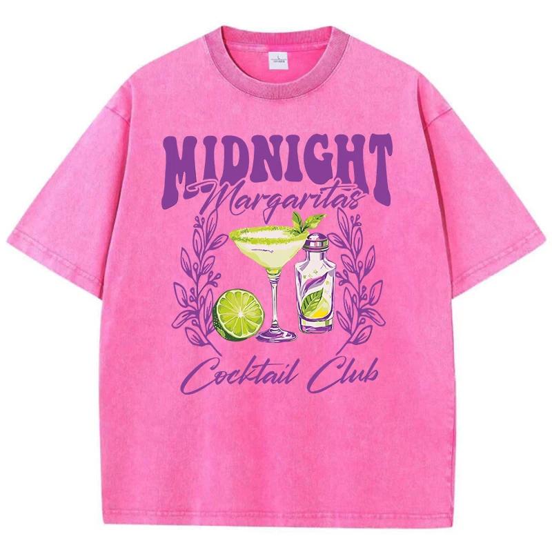 Vintage Woman Acid Wash T-Shirts Midnight Margaret Cocktail Club Prints Tops Crewneck Cotton Oversize Tee Shirts Clothes