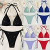 Damen Royalblau Glitzer Dreieck Bikini Set - Neckholder mit Bindebändern und seitlich gebundenem String Bottom