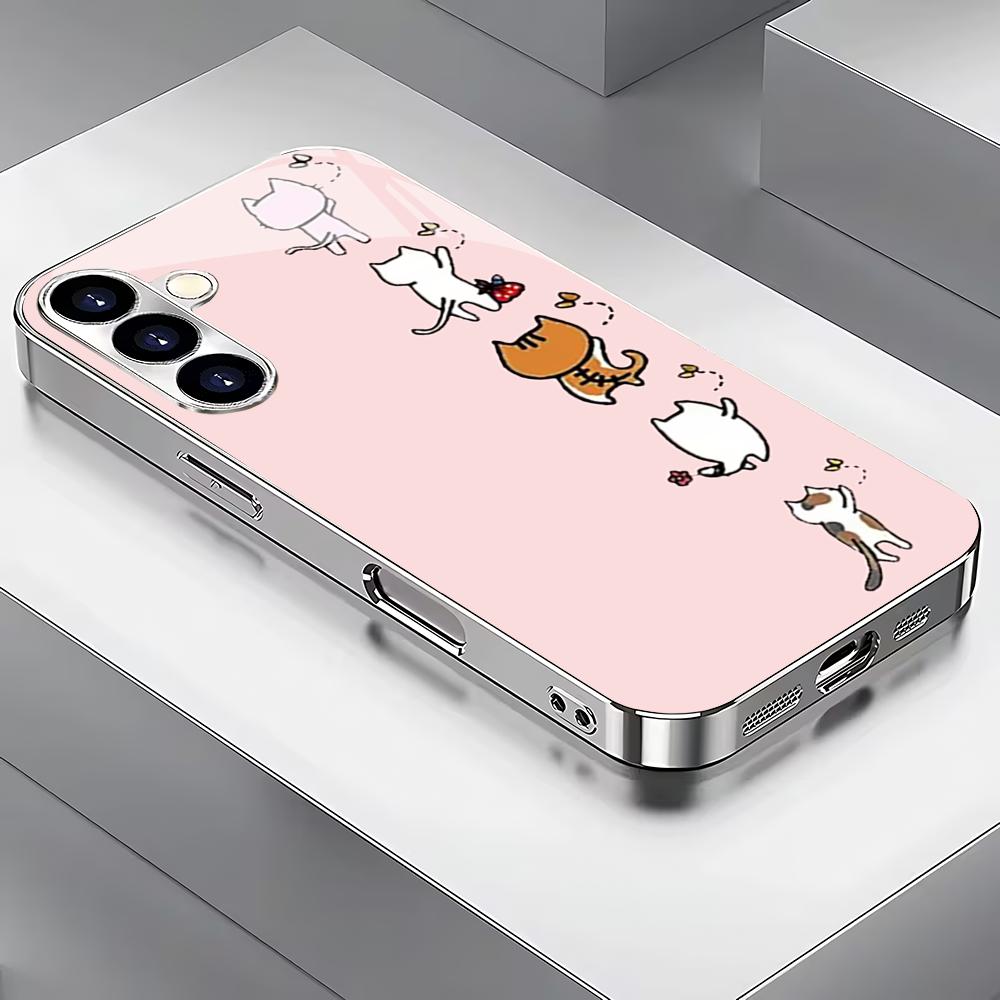

Cute cat silver plated glass phone case suitable for Samsung Galaxy S26 S25 S24 S22 S21 S20 FE/Ultra/Plus anti fall back cover GalaxyS25