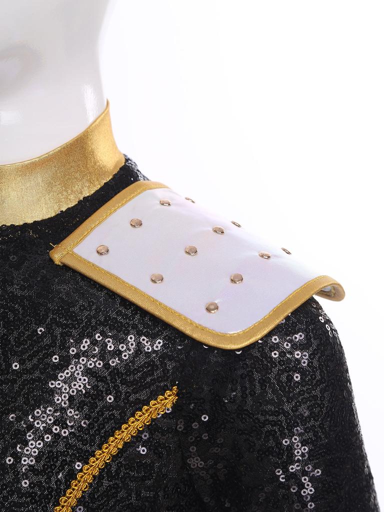 Disfraz de Cantante Inspirado en Demonio para Niñas Patchwork Manga Larga Cremallera Invisible en la Espalda Lentejuelas Crop Top Cadena de Cintura Conjunto de Falda