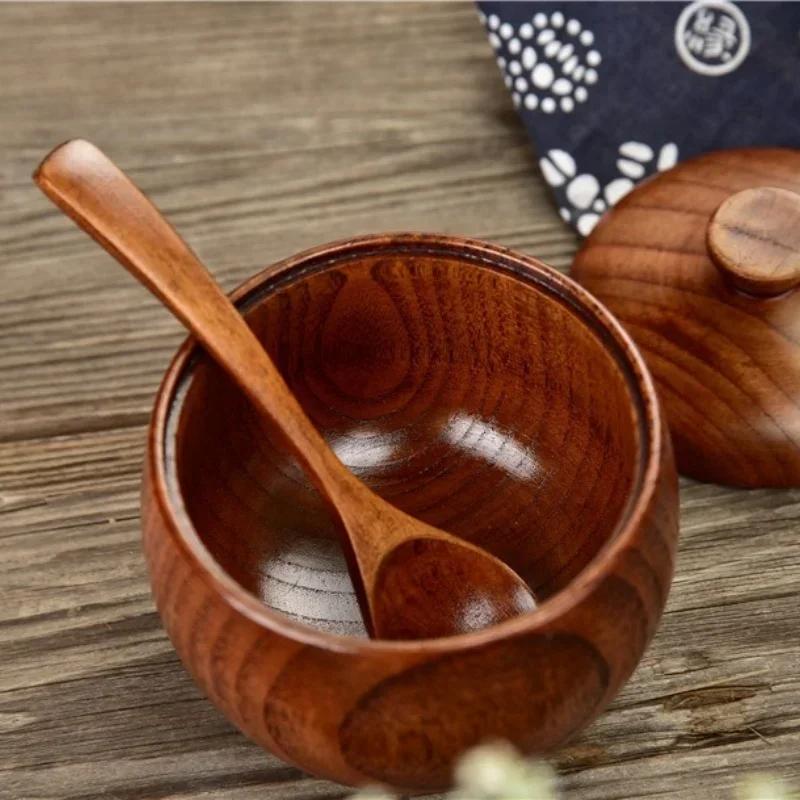 Wooden Seasoning Jar Salt Celler with Lid and Spoon Spice Pepper Seasoning Container Storage Box Kitchen Food Storage Tools