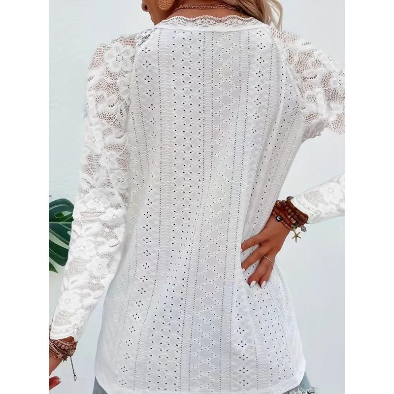 Vår og høst Langermet Blonde Patchwork Hul Topp Moderne Dame T-skjorter