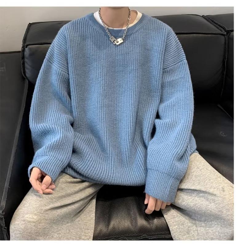Autumn Winter Crew Neck Sweaters for Men  Style Loose Knitwear Hong Kong Style Trendy Winter Thickened Solid Sweaters