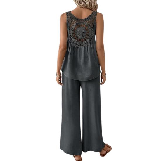 Women Summer 2 Piece Outfits Back Tank Top Sleeveless Hollow And Wide Leg Pants Set Boho