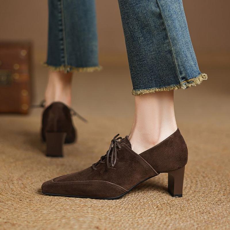 Fashion NEW Spring/Autumn Women Pumps Square Toe High Heel Shoes Concise Sheep Suede Leather Shoes for Women Brown Lace-up Handmade Shoe