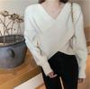 Women's Korean Style Cross V-Neck Sweater - Plain Color, Loose Design, Long Sleeve Knitwear for Autumn/Winter 2026.