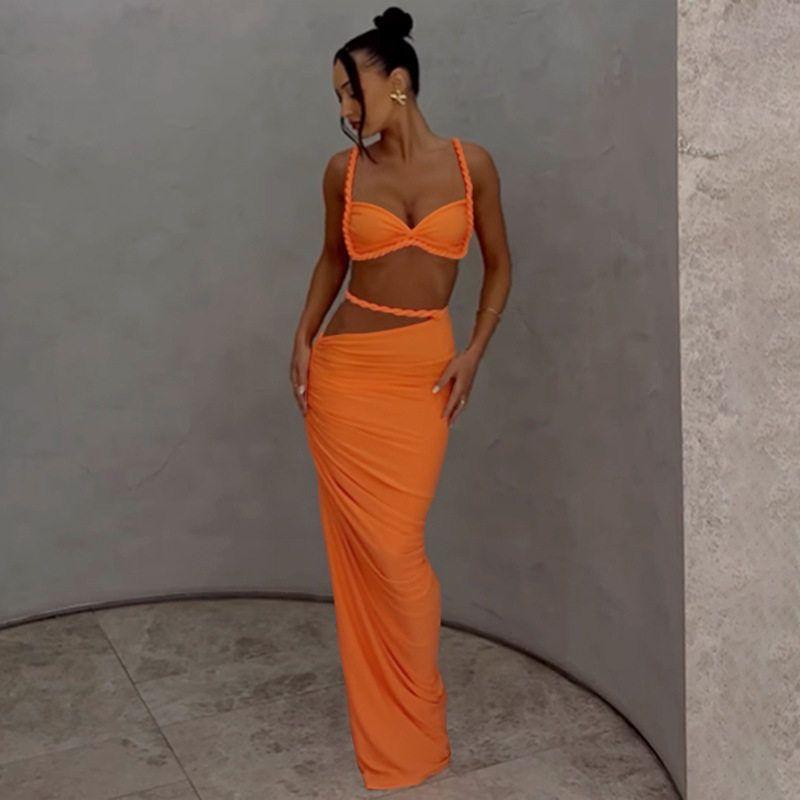 

Cross-Border European and American Women s Clothing 2025 Spring/Summer New Solid Color Sexy Strapless Slim-Fit Bodycon Skirt Set Orange S
