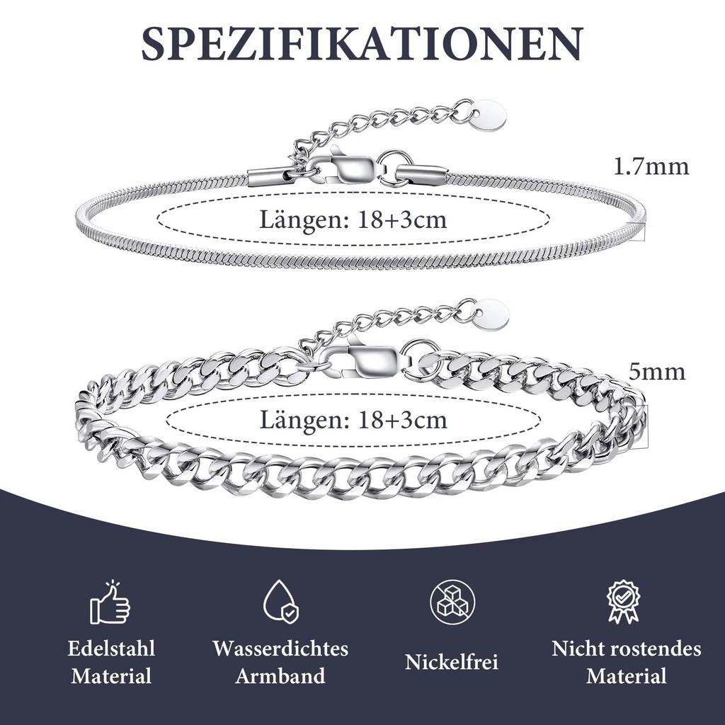 Vnox 2pcs Snake Cuban Link Chain Bracelet Set Black Silver Color Stainless Steel Adjustable 18-21cm Wristband Gift for Men Women