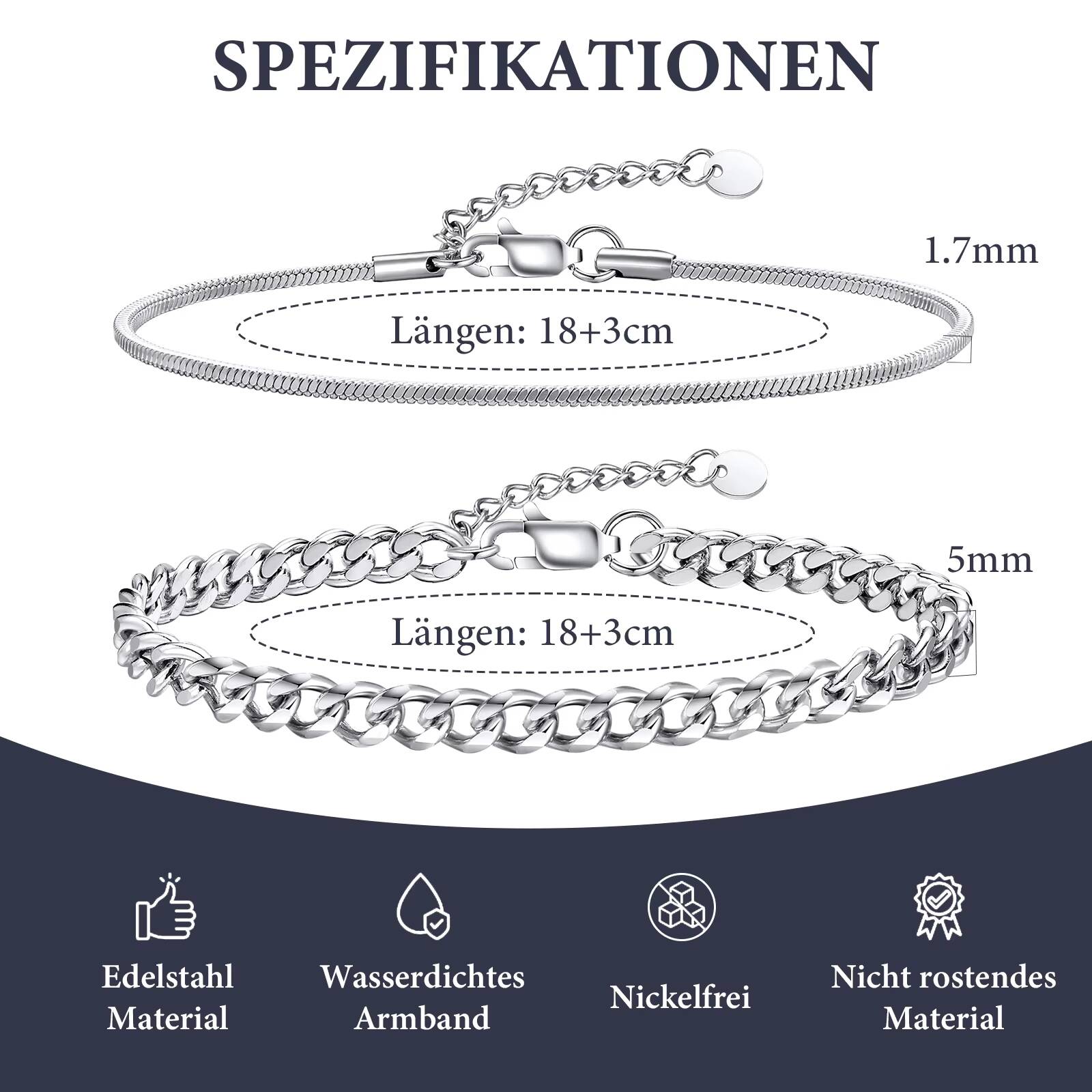 

Vnox 2pcs Snake Cuban Link Chain Bracelet Set Black Silver Color Stainless Steel Adjustable 18-21cm Wristband Gift for Men Women