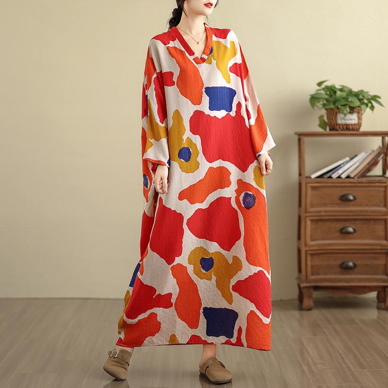Dimanaf 2025 Women Plus Size Spring Long Dress Loose V-Neck Printing Vintage Casual Floral Oversize Long Sleeve 5036