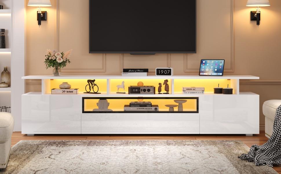 Έπιπλο Τηλεόρασης 180*38*45cm με 2 Ντουλάπια και 1 Συρτάρι, Lowboard με LED και 10 Επιφάνειες Αποθήκευσης, Κατάλληλο για Τηλεοράσεις περίπου 75 ιντσών