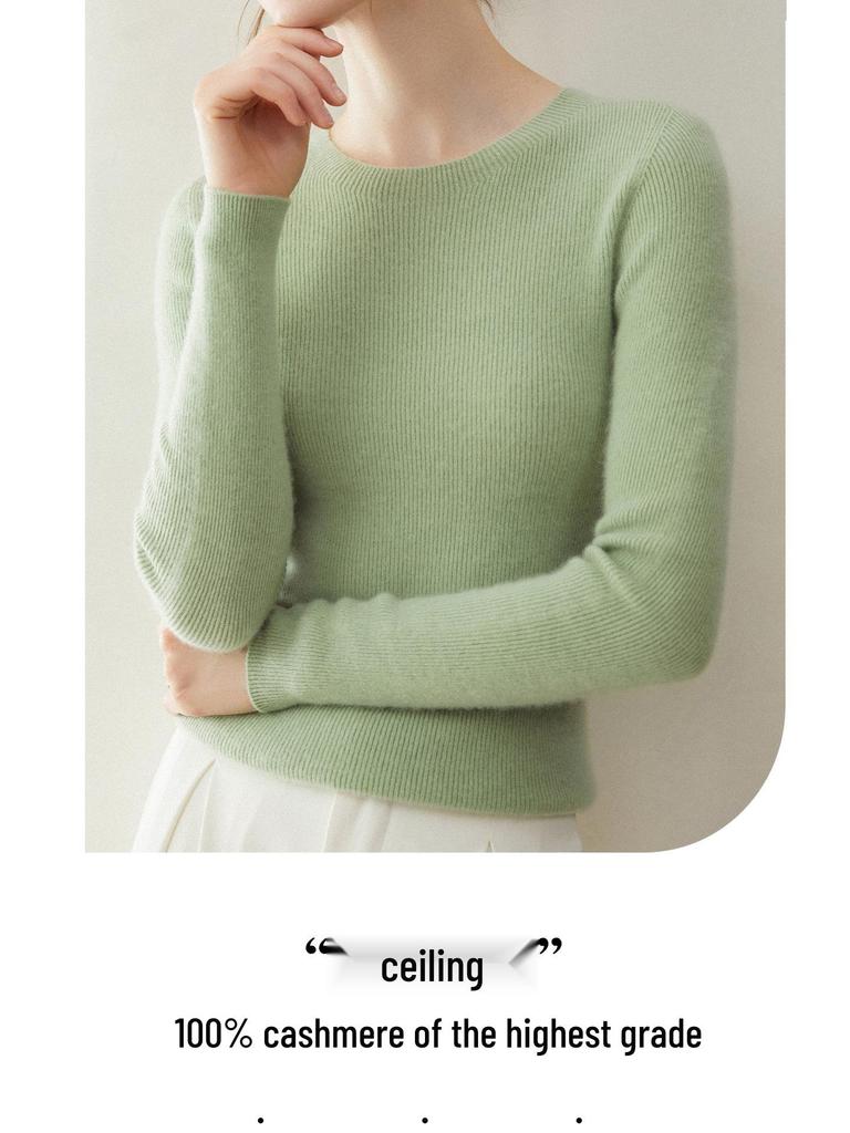 Women's 100% Pure Cashmere Sweater: Soft, Warm, Slim-fit, Round Neck, Ribbed, Long Sleeve, and Versatile Base Layer.