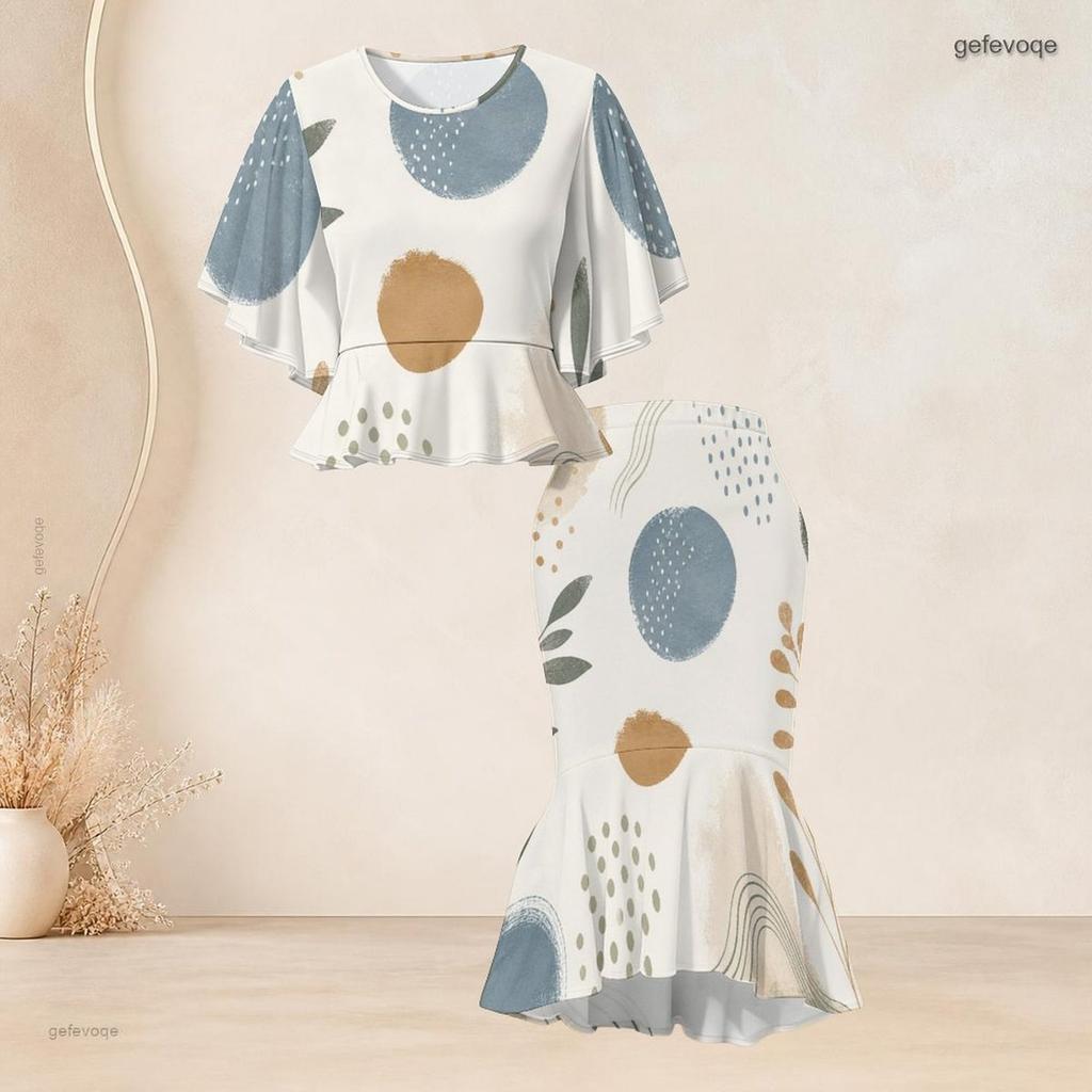 Women Plus Size Abstract Printed Round Neck Batwing Sleeve Ruffle Hem Top Fishtail Skirt Two Piece Set